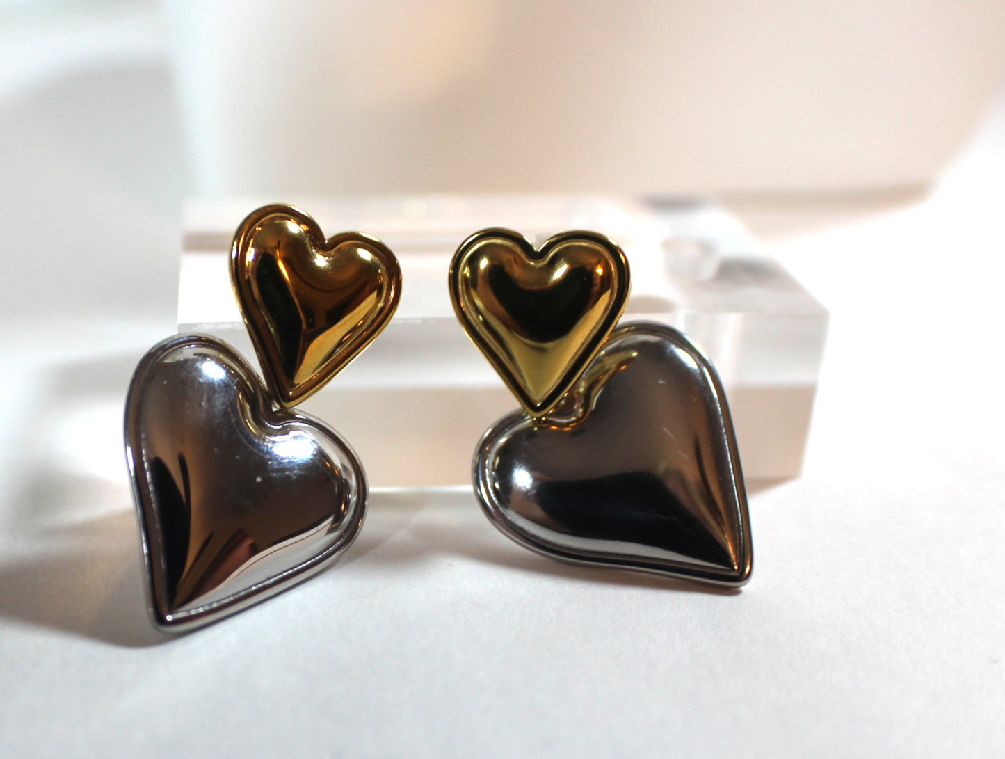 Stainless Steel Two-Tone Double Heart Drop Earrings