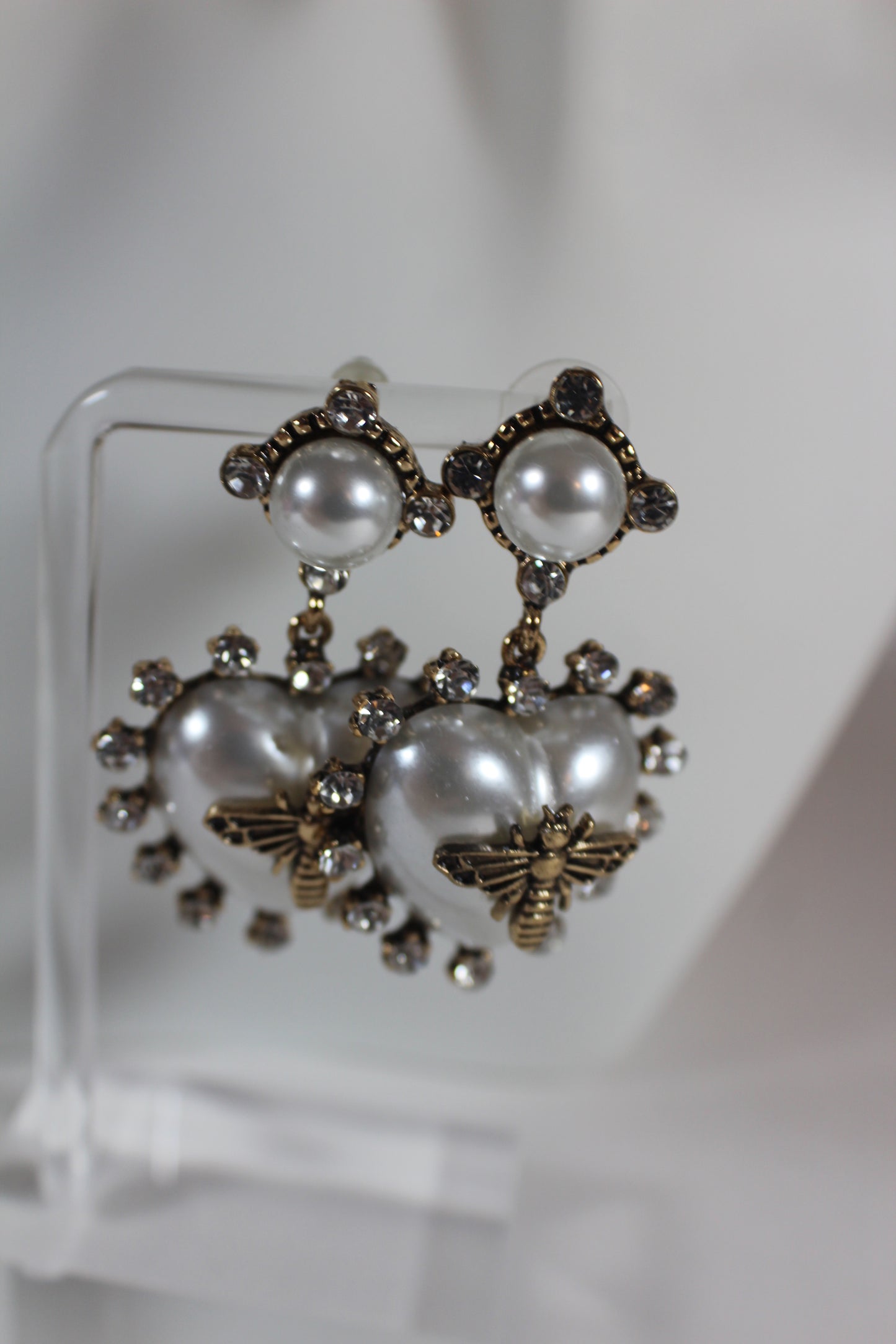 Pearl Heart Bee Drop Earrings