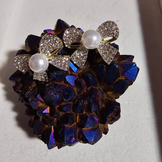 Pearl and Rhinestone Bow Earrings