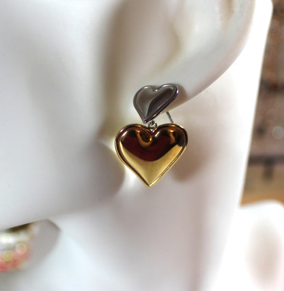 Stainless Steel Two-Tone Double Heart Drop Earrings