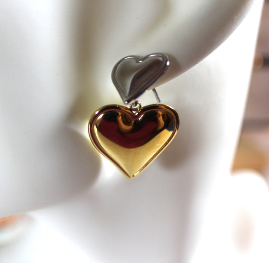 Stainless Steel Two-Tone Double Heart Drop Earrings