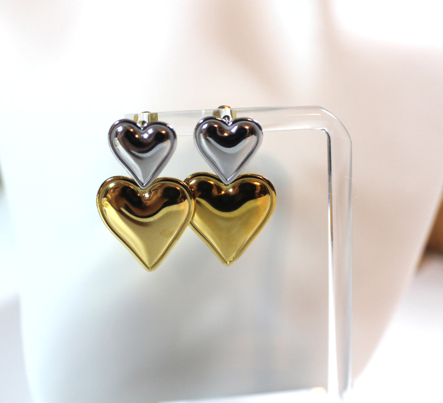 Stainless Steel Two-Tone Double Heart Drop Earrings