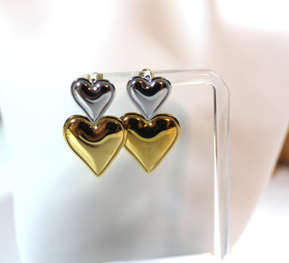 Stainless Steel Two-Tone Double Heart Drop Earrings