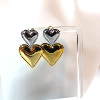 Stainless Steel Two-Tone Double Heart Drop Earrings