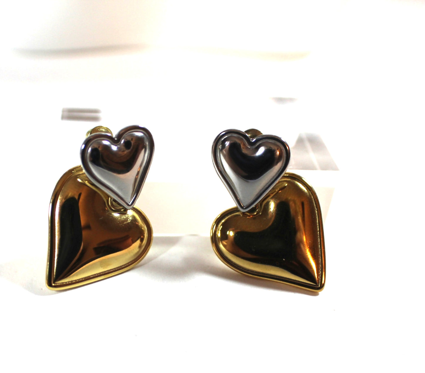 Stainless Steel Two-Tone Double Heart Drop Earrings