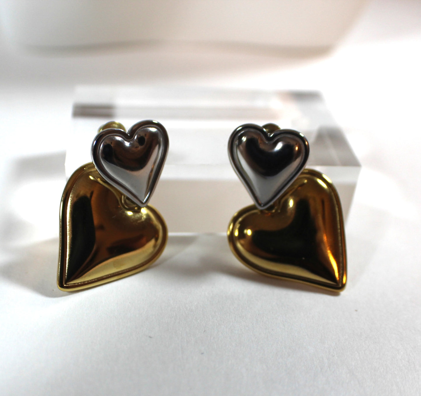 Stainless Steel Two-Tone Double Heart Drop Earrings