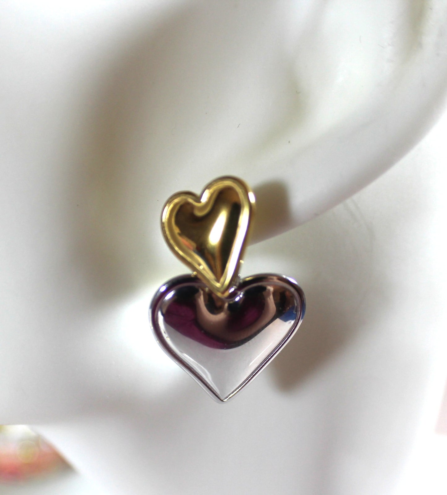 Stainless Steel Two-Tone Double Heart Drop Earrings