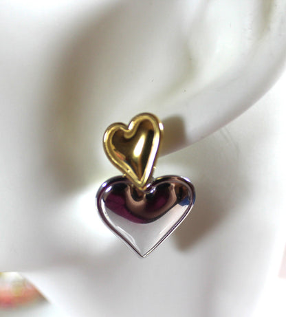 Stainless Steel Two-Tone Double Heart Drop Earrings