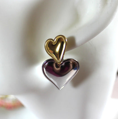 Stainless Steel Two-Tone Double Heart Drop Earrings