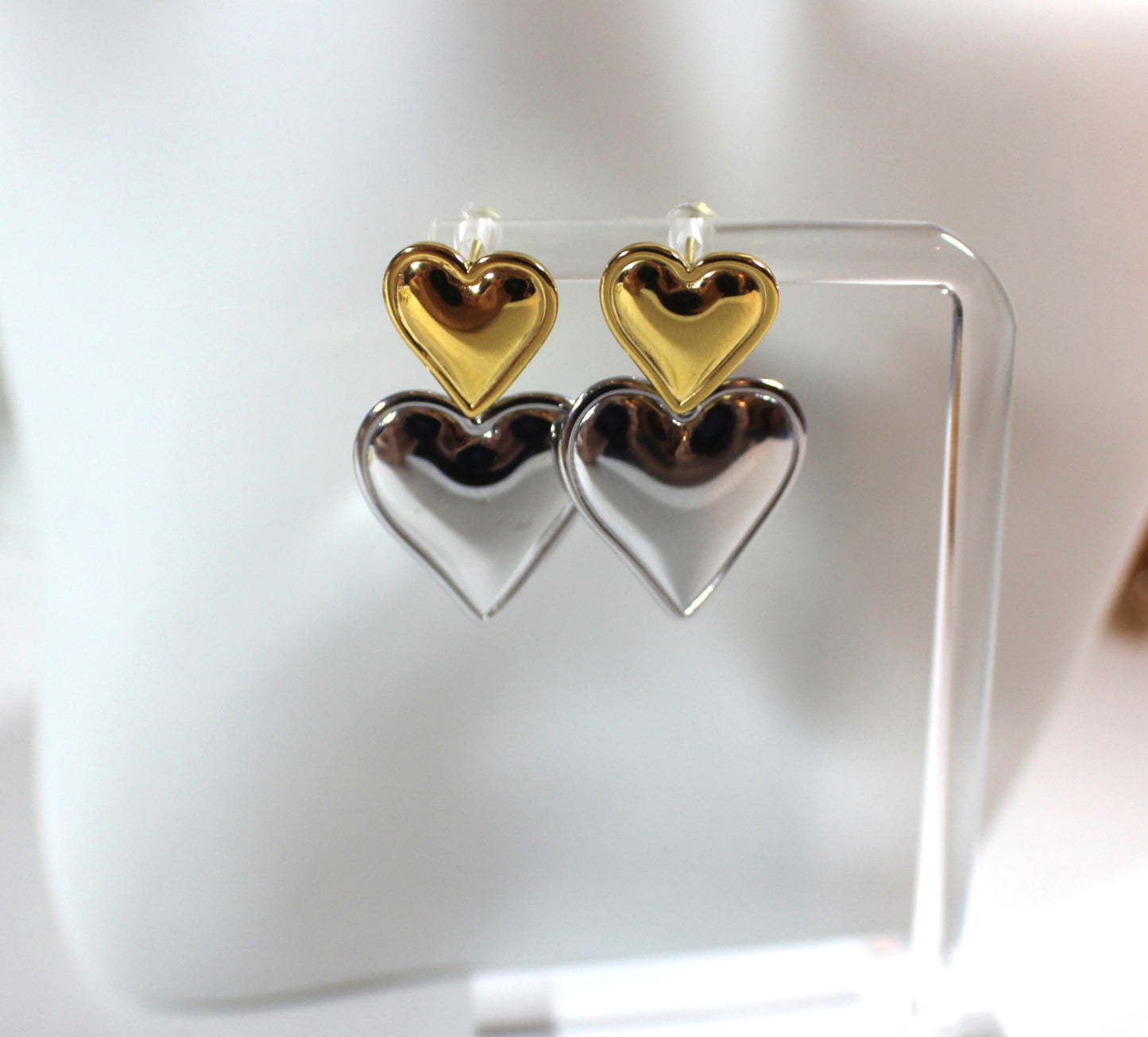 Stainless Steel Two-Tone Double Heart Drop Earrings