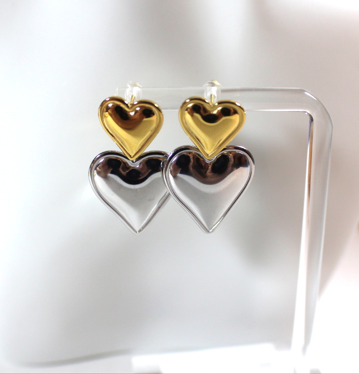 Stainless Steel Two-Tone Double Heart Drop Earrings