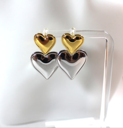 Stainless Steel Two-Tone Double Heart Drop Earrings