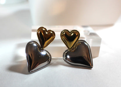 Stainless Steel Two-Tone Double Heart Drop Earrings