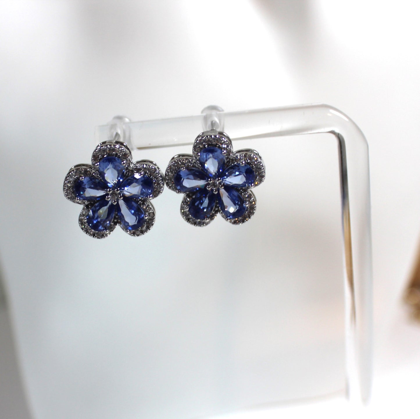 Blue Zirconia Floral Stud Earrings