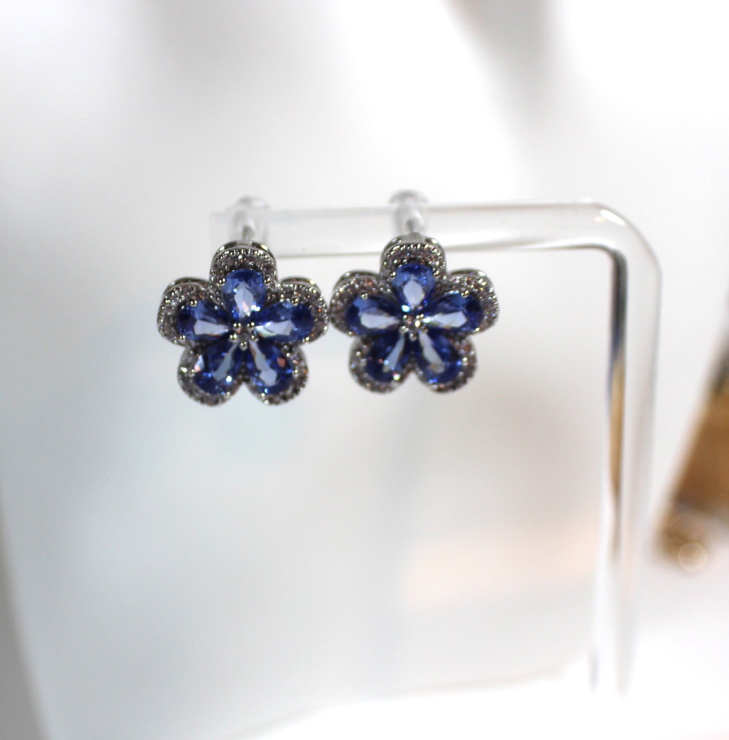 Blue Zirconia Floral Stud Earrings
