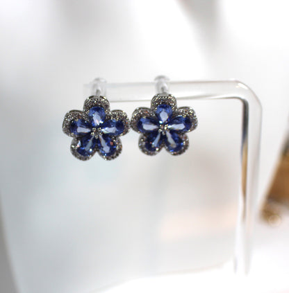 Blue Zirconia Floral Stud Earrings