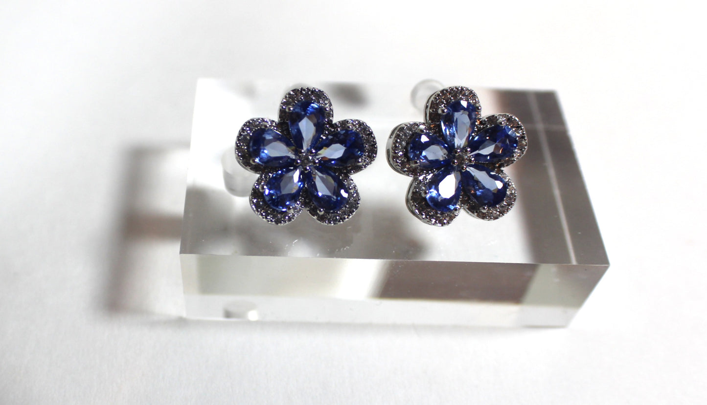 Blue Zirconia Floral Stud Earrings