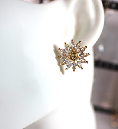 Gold Plated Zircon Sunflower Stud Earrings