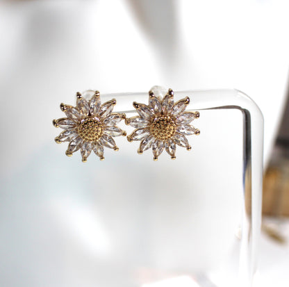 Gold Plated Zircon Sunflower Stud Earrings