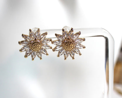 Gold Plated Zircon Sunflower Stud Earrings