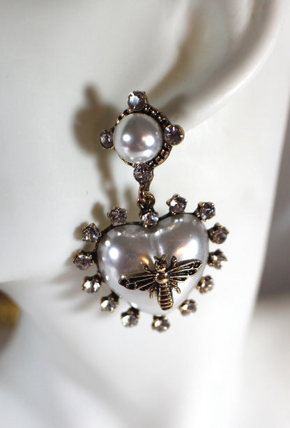 Pearl Heart Bee Drop Earrings