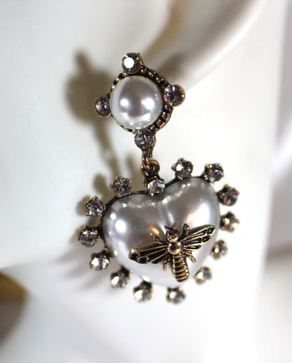 Pearl Heart Bee Drop Earrings