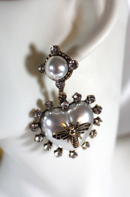 Pearl Heart Bee Drop Earrings