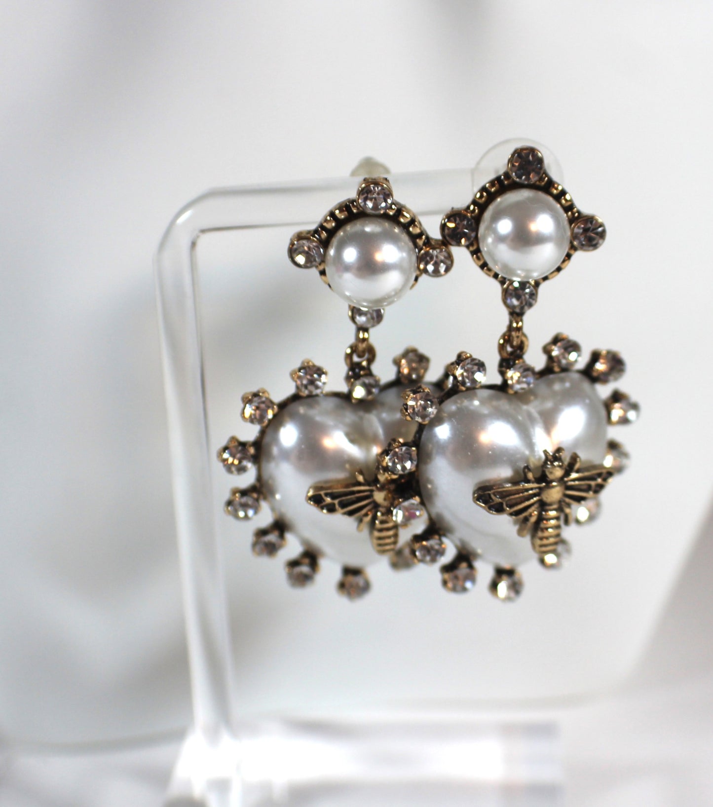 Pearl Heart Bee Drop Earrings