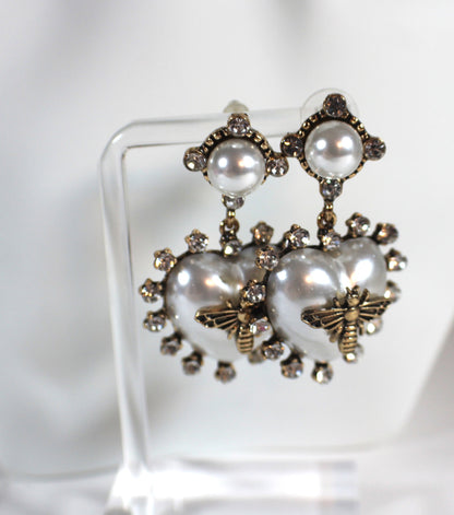 Pearl Heart Bee Drop Earrings
