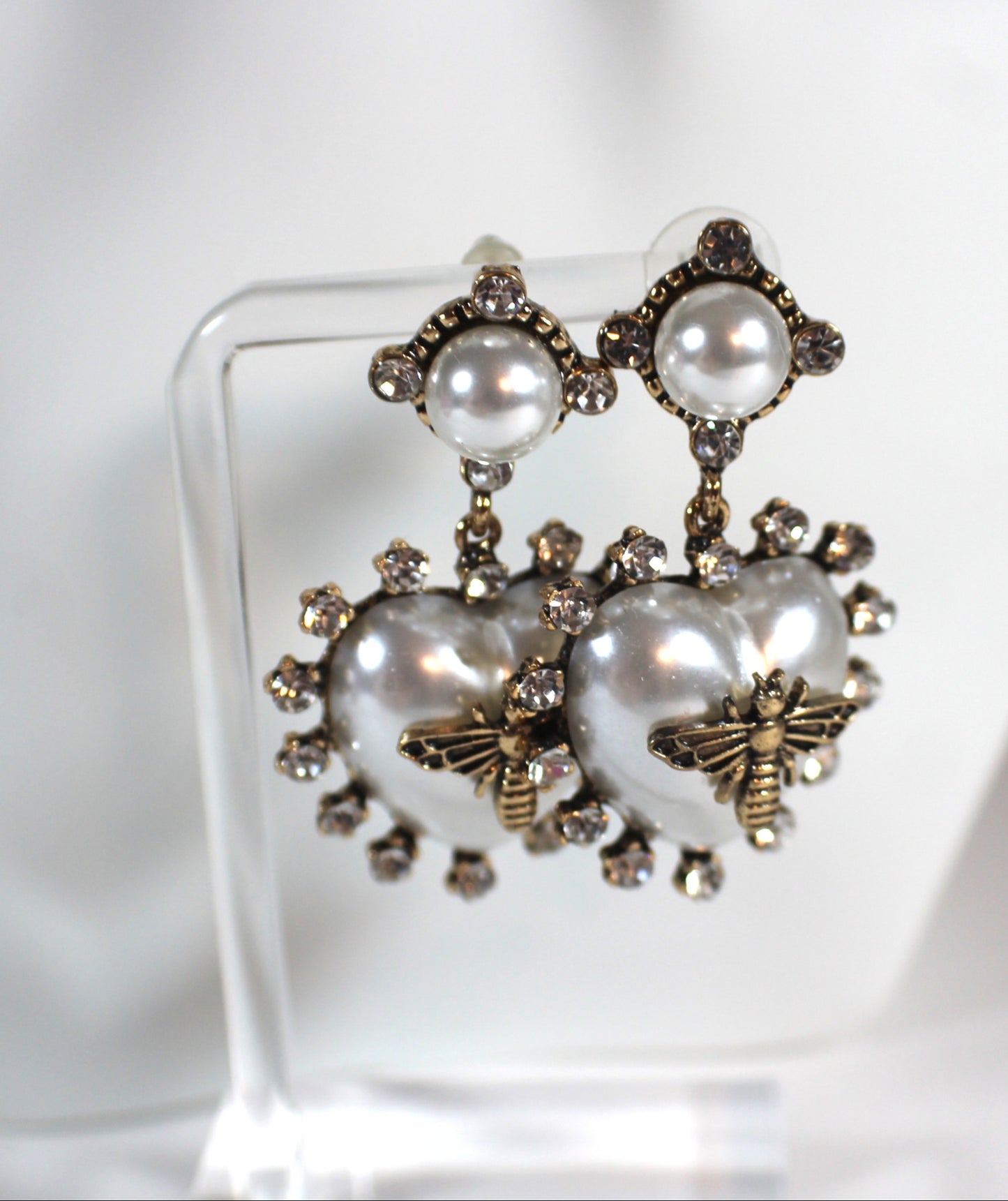 Pearl Heart Bee Drop Earrings