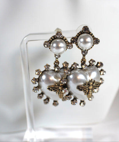 Pearl Heart Bee Drop Earrings